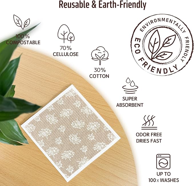 Swedish Dishcloths for Kitchen, 5 Pack Reusable Paper Towels Washable, Super Absorbent Swedish Dish Cloths, Non-Scratch, Biodegradable