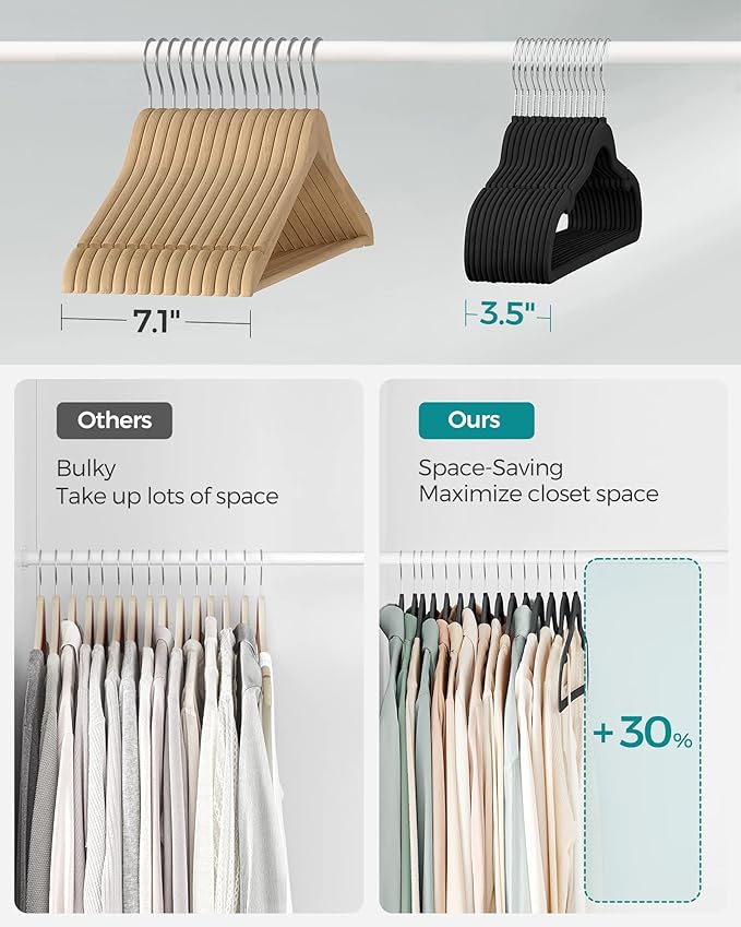 SONGMICS Velvet Hangers 30 Pack, Non-Slip Clothes Hangers with Shoulder Notches, Pants Bar, 360° Swivel Hook, Space-Saving, for Closet, Ink Black UCRF029B03