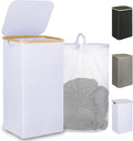 iEGrow 110L Laundry Hamper with Lid，Dirty Clothes Hampers for Laundry,Laundry Basket with Bamboo Handles and Removable Bag,Hamper for Bedroom, Bathroom, Dorm, Laundry Room, White