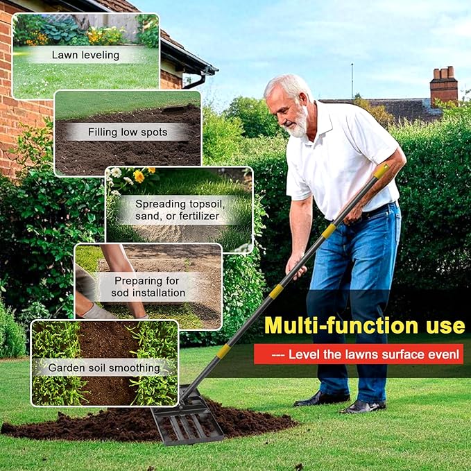 Large Lawn Leveling Rake - Heavy Duty 30"x10" Stainless Steel Leveler Plate,Reinforced Welds,28-72" Adjustable, Anti Flipping Smooth Edge,for Soil, Dirt,Ground,Golf,Yard Top Dressing,Landscaping