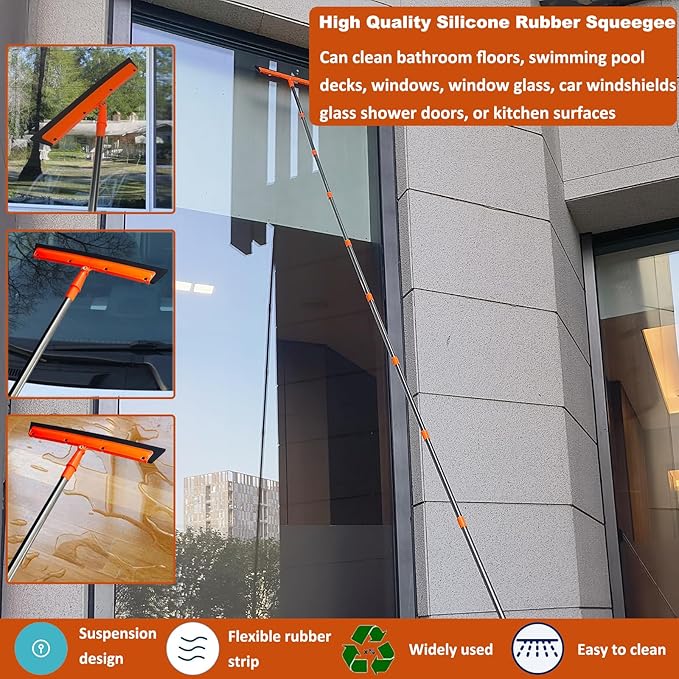 20+ Feet High Reach Duster Kit with 3-14 ft Extension Pole High Ceiling Dusting and Window Cleaning Kit with Spliceable Pole - Window Washer & Squeegee, Cobweb Duster, Fan Blade and Feather Dusters