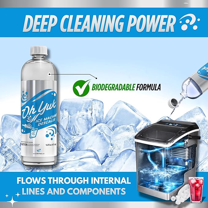 Oh Yuk Ice Machine Cleaner Descaler – Scale & Buildup Remover, Nickel-Safe Ice Maker Cleaning Solution, Compatible with GE nugget, Igloo & All Standalone Ice Makers. For A Fresh Ice Machine