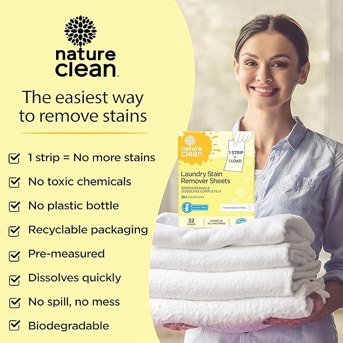 Nature Clean Natural Stain Remover for Clothes Laundry Strips Unscented 32 Count, Non-Toxic Advanced Stain Remover Treater Laundry Sheets, Plastic-Free Travel Stain Remover for Fabric Eco-Friendly