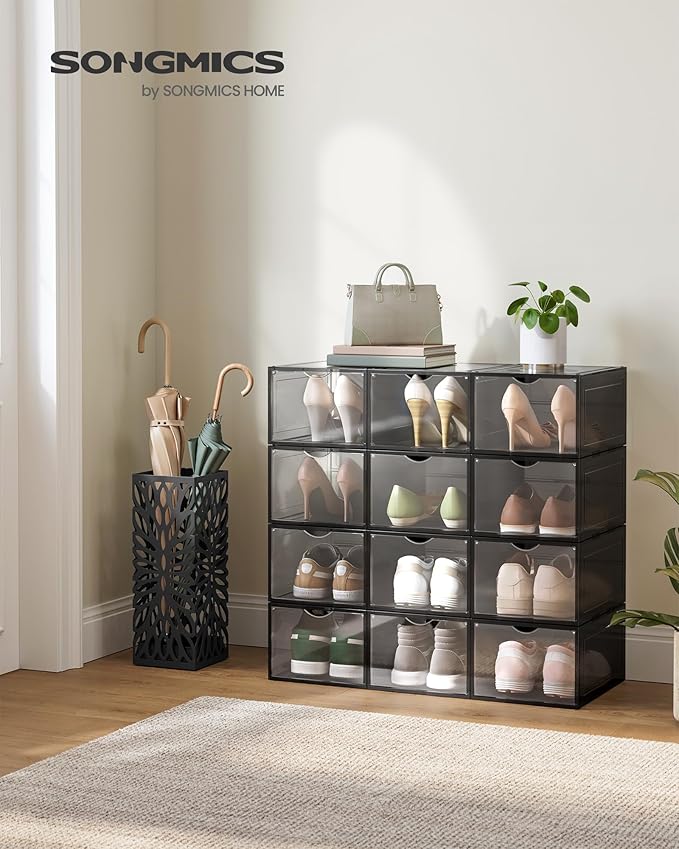 SONGMICS Shoe Boxes, Set of 6, Clear Plastic Shoe Storage, Stackable Sneaker Box, Drop Front Door, Up to US Size 11, Easy Assembly, 13 x 9.8 x 7.1 Inches, Transparent Black ULSP406B01V1