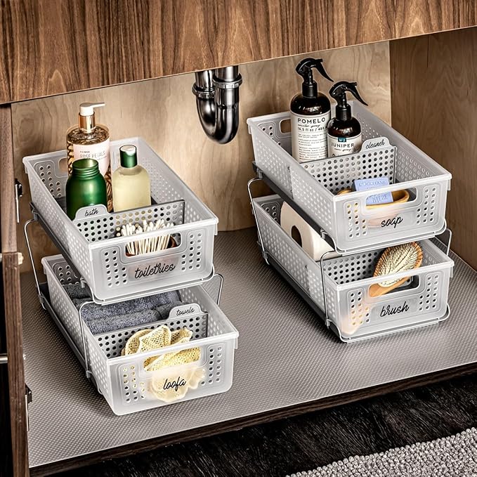 madesmart 2 Tier Organizer, Under Cabinet Storage with Pull Out Sliding Drawers, for Cleaning Supplies, Pantry, Undersink, Sponges, Bottles & Bath, Pull Out Baskets, Frost 2 PACK