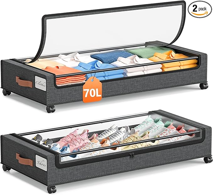 Yecaye 70L Under Bed Storage with Wheels, 2Pack Larger Capacity Under Bed Storage Containers, Underbed Shoe Storage Organizer, Rolling Under Bed Metal Drawers for Clothes, Blankets(35.5 x 17 x 6.7in)