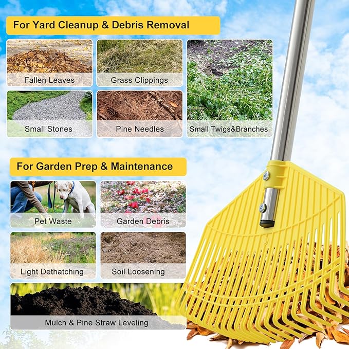 Plastic Leaf Rake - Lightweight Lawn & Garden Rake for Women, Seniors & Kids,16.5" Wide Yard Rake for Leaves, Grass & Pine Needles, Adjustable Handle 35–65"