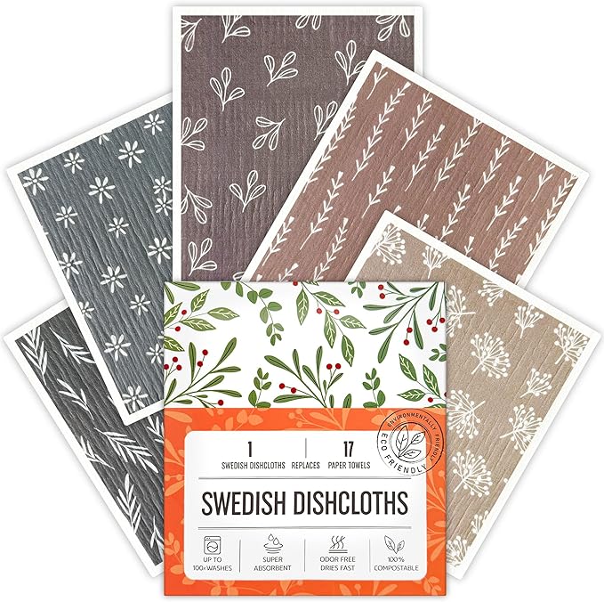 Swedish Dishcloths for Kitchen, 5 Pack Reusable Paper Towels Washable, Super Absorbent Swedish Dish Cloths, Non-Scratch, Biodegradable