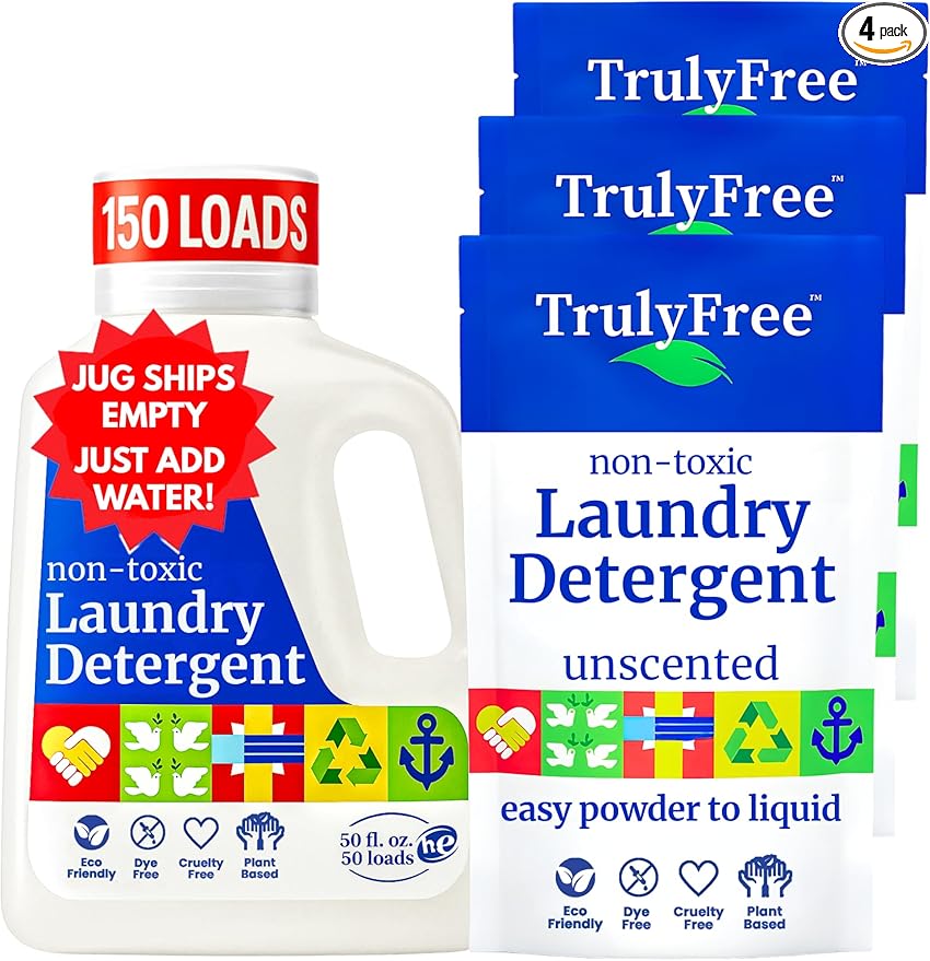 Truly Free Natural Laundry Detergent for Sensitive Skin | Eco Friendly, Plant Based, Baby Clothes Safe | Clean & Easy Powder to Liquid, 3 Pack Detergent + 1 Refillable Jug | Unscented, 150 Loads