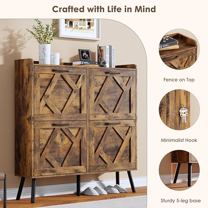 Nicetree Shoe Cabinet with 4 Flip Drawers, Freestanding Shoe Storage Cabinet with Metal Legs, Farmhouse Narrow Shoe Rack Cabinet for Entryway, Foyer, Hallway, Rustic Brown