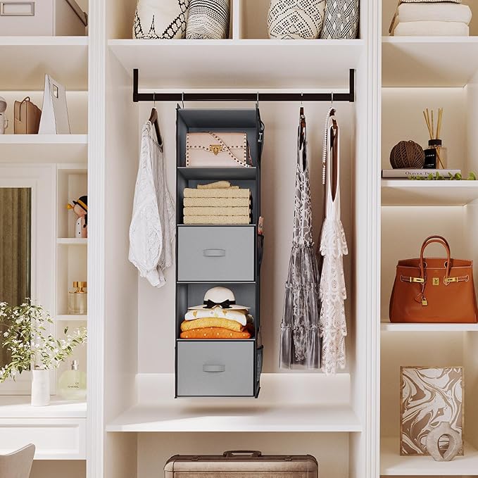 YOUDENOVA Hanging Closet Organizer, 5 Tier Hanging Closet Shelves with 6 Side Pockets and 2 Drawers, Light Grey