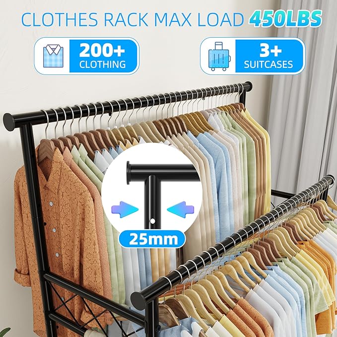 Ekisemio Heavy Duty Clothes Rack, Rolling Clothing Rack With Shelves Load 450 LBS, Double Rod Clothing Racks with Wheels for Hanging Clothes, Black