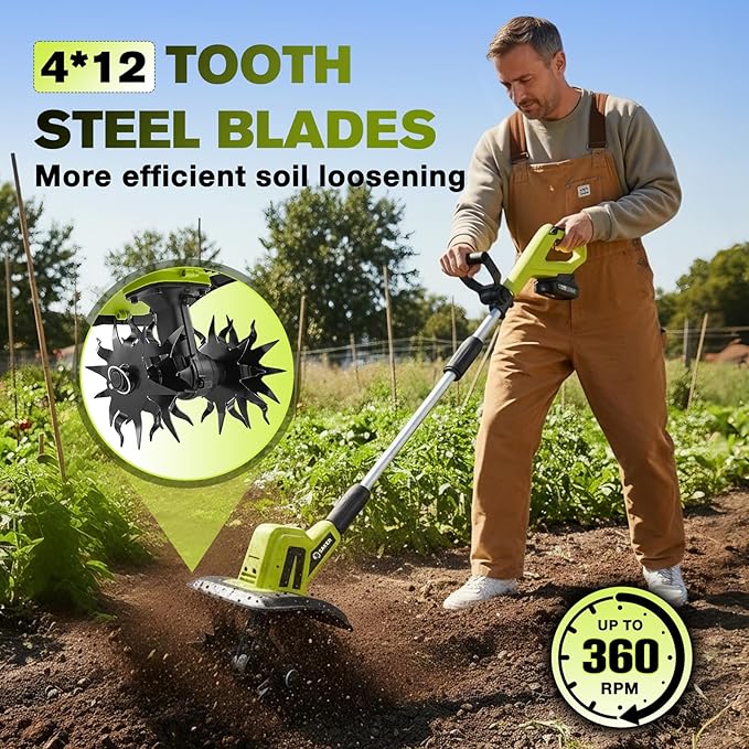 Saker 22V Cordless Electric Garden Tiller Cultivator, Lightweight Rototiller for Gardening, 9-Inch Tilling Width, 6.3-Inch Depth for Soil Preparation, Weeding, and Gardening 2 Batteries SK-TC18B