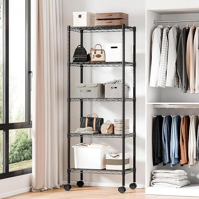 DUMOS 2 Pack 3Tier 5Tier Metal Shelving, Heavy Duty Shelves Wire Shelving Unit with Removable Wheel Casters, Shelves Organizer for Bathroom Garage Living Room Kitchen Pantry Laundry