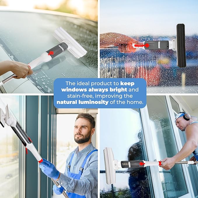 Window Cleaner with Front and Rear Cleaners + Expandable Sprayer - Window Vacuum Squeegee - Complete Kit for Glass, Windows and Mirrors, Quick Drying- Window Cleaner Tool - Car Window Cleaner Spray