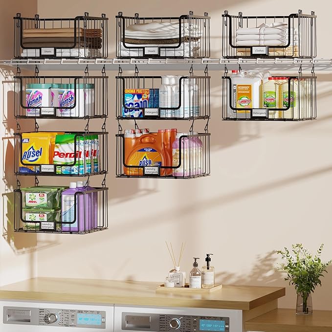 4-Tier Hanging Laundry Room Organizer with Label Cards,Foldable Wire Shelf Basket with 4 Rotating Hooks,Stacked Laundry Basket Organizer,Storage Rack for Laundry Rooms,Closet and Pantry-Black
