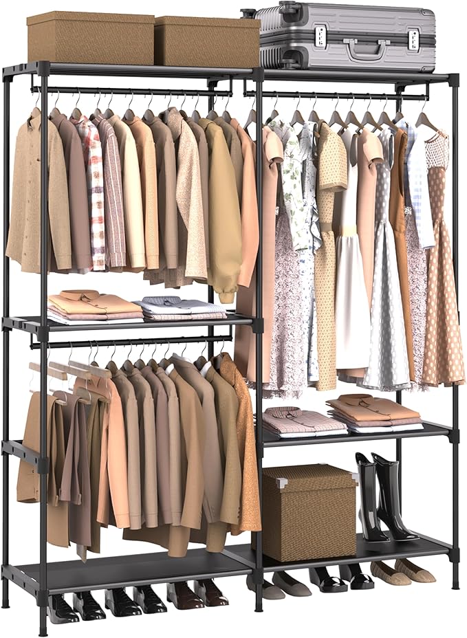 CASAMAYA Clothes Rack, Portable Closet, 54.3 Inch Large Capacity Wardrobe Closet, Clothes Storage Organizer with Shelves and 3 Hanging Rods, Easy to Assembly, Black PCT022B01