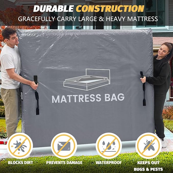 Mattress Bags for Moving and Storage, BETU Twin Mattress Protector Waterproof Mattress Cover with 8 Heavy Duty Handles and Zipper Extra Thick Moving Supplies for Dorm Bed (2 Pack:77x42x13.5 Grey)