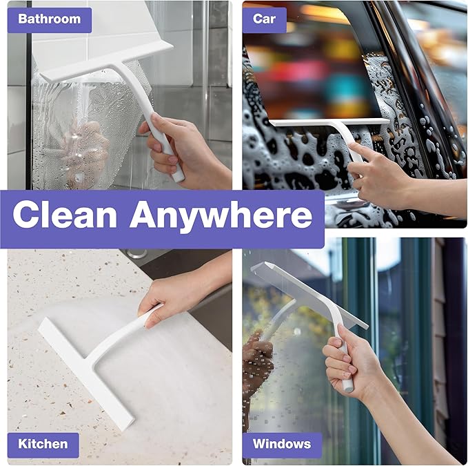 Kincmax All-Purpose Shower Squeegee - Stainless Steel Silicone Bath Squeegee - Window Shower Door Squeegee for Shower Glass Doors with Hook - Bathroom Shower Kitchen - Medium White