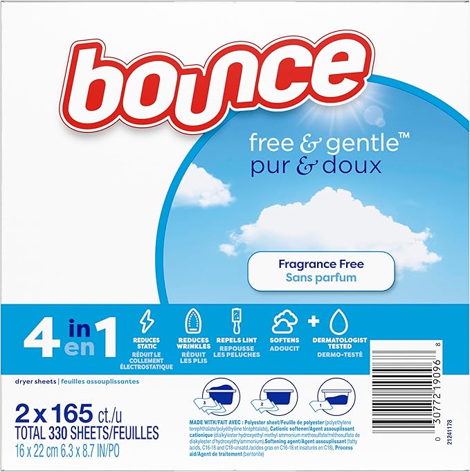 Bounce Free And Gentle Dryer Sheets For Sensitive Skin, Hypoallergenic, Free Of Dyes And Perfumes, Unscented, 330 Count