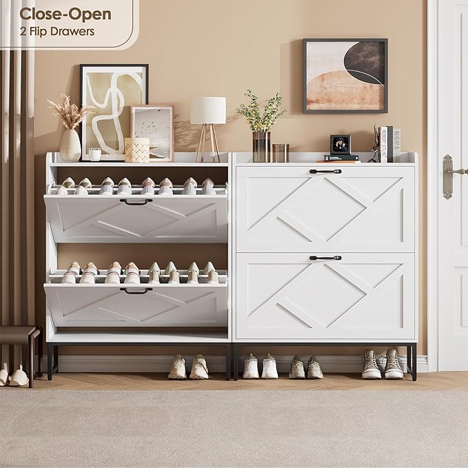 Nicetree Shoe Storage Cabinet with 2 Flip Drawers, Freestanding Shoe Organizer, Shoe Cabinet with Metal Legs, Narrow Shoe Rack Cabinet, Farmhouse Slim Shoe Cabinet for Entryway, Foyer, Hallway, White