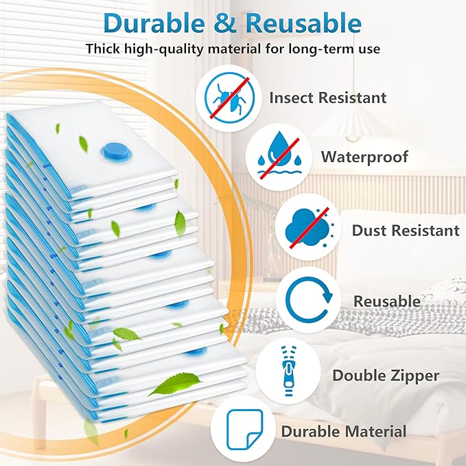 15 Pack Vacuum Storage Bags，Space Saver Bags(3 Jumbo/3 Large/3 Medium/3 Small/3 Roll),Compression for Comforters and Blankets, Sealer Clothes Storage, Hand Pump Included