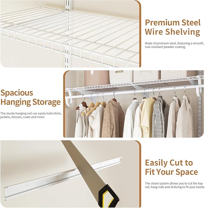 PROWORX 5-8 Ft Closet Organizer System, White Adjustable Custom Metal Wire Shelving Wall Mounted, Expandable Organization and Storage Shelf Kit with Hanging Rods