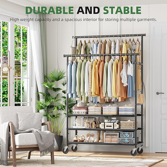 Ekisemio Double Rods Clothes Rack for Hanging Clothes, Rolling Clothing Rack with Wheels, 3-Tier Hanging Rack with Mesh Shelves, Holds 300 LBS for Bedroom, Laundry, Living Room, Black