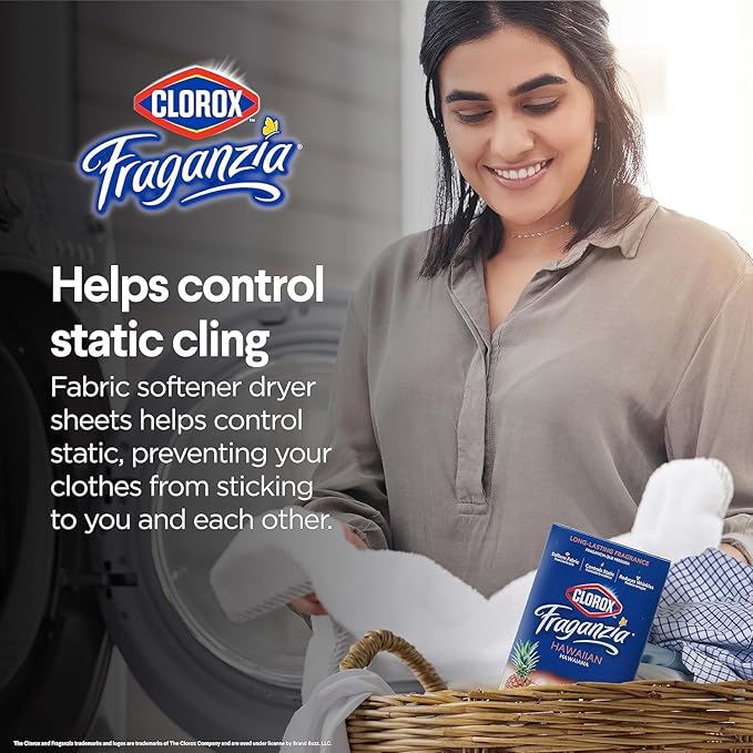 Clorox Fraganzia Fabric Softener Dryer Sheets, Wrinkle Reducing and Anti Static Laundry Dryer Sheets for Great Smelling Clothes, Softens Fabrics, Hawaiian Escape Scent, 105 Count - 6 Pack
