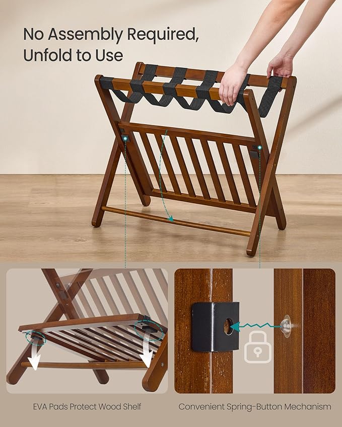SONGMICS Solid Wood Luggage Rack, No Assembly Required, Foldable Suitcase Stand, Luggage Holder, with Storage Shelf, for Guest Room, Hotel, Bedroom, Coffee Brown URLR020K02