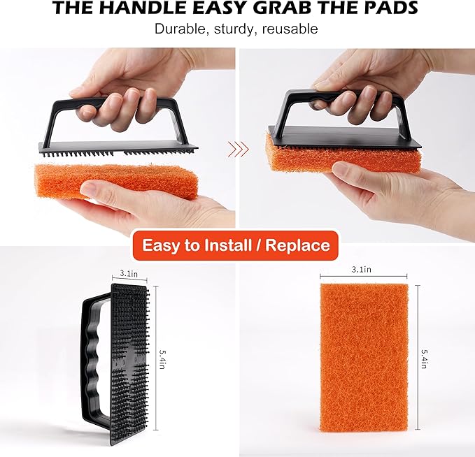Griddle Cleaning Pads for Blackstone Flat Top, Non-Scratch Grill Scrub Pads, Bathroom Scrubbing Pads, Pool Scrub Brush, Shower Tile (5 Pads + Handle)