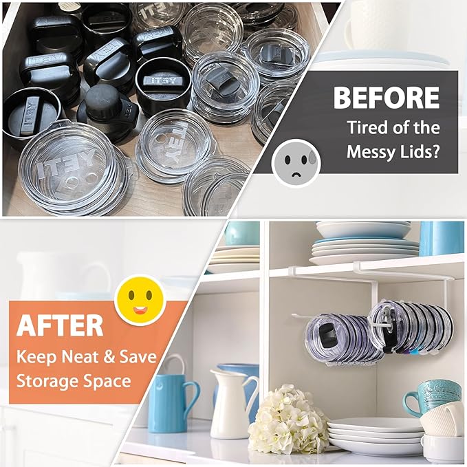 2 Pack Tumbler Lid Organizer, Horizontal Tumbler Lid Storage Hook Up to 20 Lids, Space Saving Cup Lid Holder Under Cabinet Tumbler Lid Hook for Kitchen Organizer, Paper Towel Hanger(Round&Flat, White)