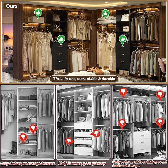 iSunirm 8FT Closet System, 96'' Closet Organizer System with 3 Hanging Rods, Wall Mount Bedroom Wardrobe with 3 Drawers Walk-in Closet, Adjustable Cloth Garment Rack from 5 to 8FT (Cut to Fit), Black