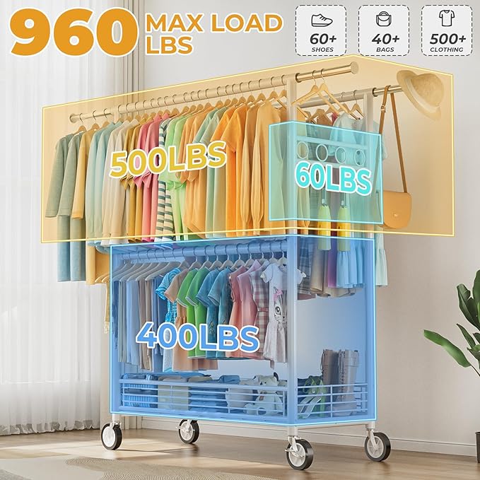 Heavy Duty Clothes Rack Load 960LBS, Three Rods Rolling Clothing Racks for Hanging Clothes, Rolling Garment Rack With Sturdy Wheels Shelves Hooks, Portable & Adjustable Commercial Garment Rack, White