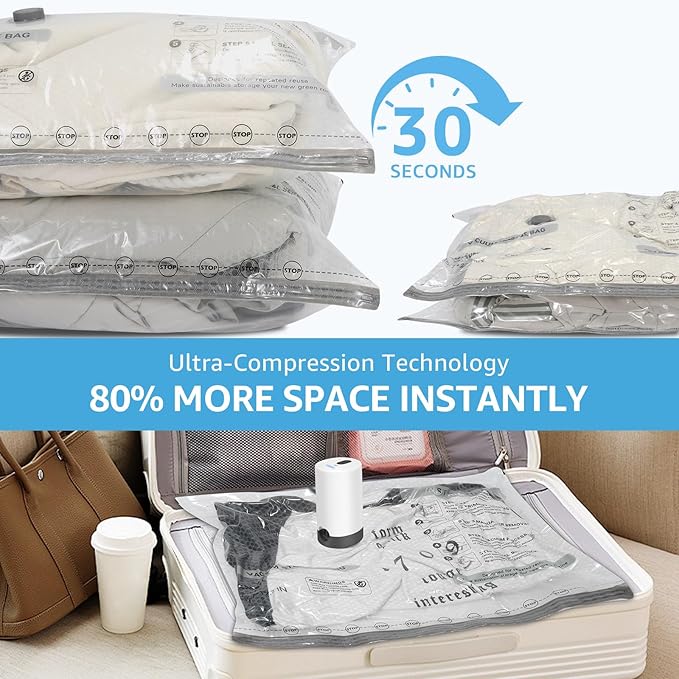 6 Packs Vacuum Bags for Travel with Rechargeable Pump, 3 Sizes Vacuum Seal Bags for Clothing, Compression Vacuum Travel Bags for Luggage, Vacuum Packing Bags for Closet Organization