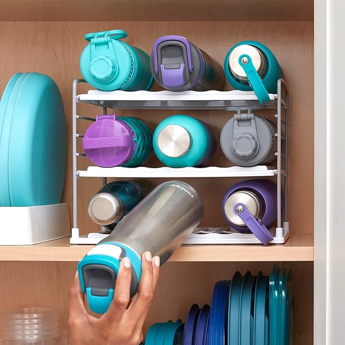 YouCopia UpSpace Water Bottle and Travel Mug Cabinet Organizer, Adjustable Storage Rack for Kitchen Organization, 3-Shelf