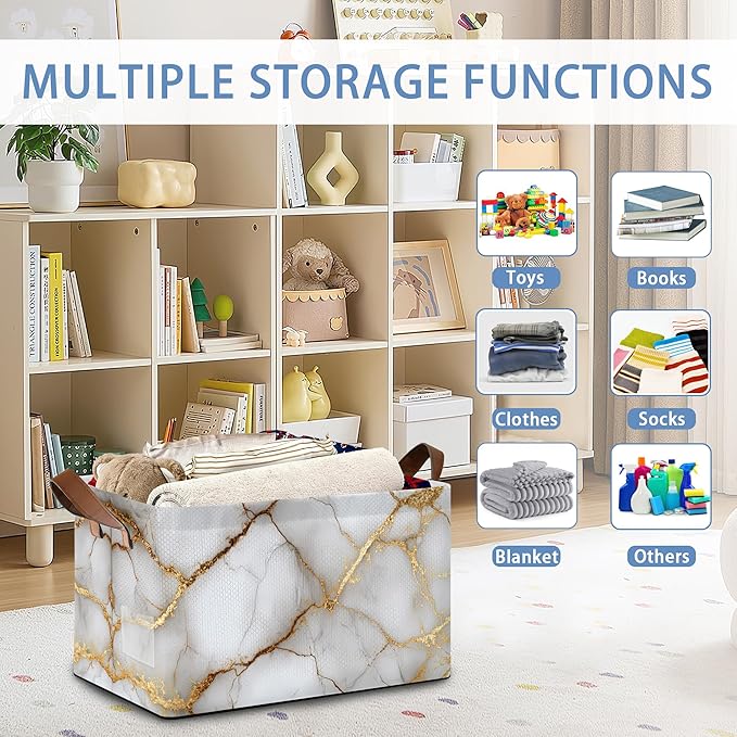 White Gold Marble Storage Baskets,Foldable Large Capacity Organizer Bins with Waterproof Lining and Leather Handles for Closet,Shelf,Bedroom 17x11.5x10Inch