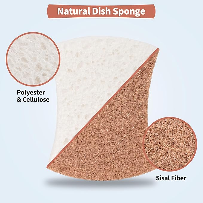 HOMERHYME Natural Dish Sponge 12 Pack, Non-Scratch Scrub Kitchen Sponge, Eco Multipurpose, Odor-Less Dual-Sided for Dish Washing & Household Cleaning