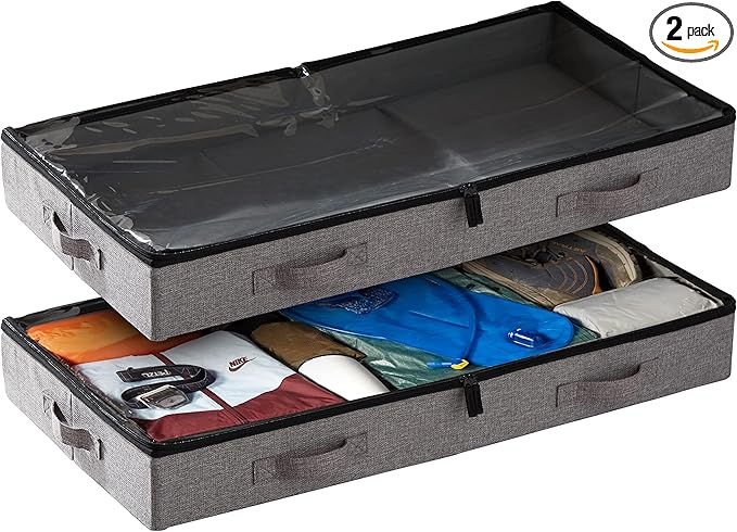 storageLAB Under Bed Storage Containers, Low Profile Underbed Organizers with Sturdy Handles, Dual Zippers, and Clear Windows, Ideal for Clothes, Pillows, and Blankets - 2 Pack, Low Profile, Gray