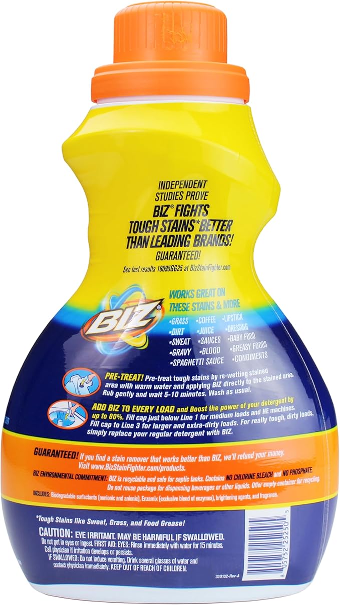 Biz Detergent Stain and Odor Eliminator, 50 oz Liquid Laundry Booster – Powerful Stain Remover for Clothes, Activewear, and Household Fabrics