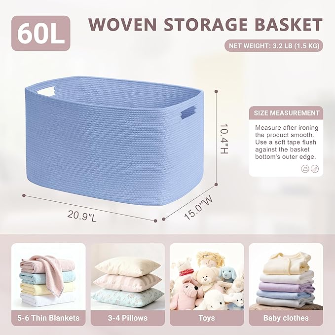 60L Small Baby Girls Laundry Basket for Nursery Storage,Cute Woven cotton Rope Baskets for Kids Toy，Gifts, Boho Square Wicker Blanket hamper for Living Room,Bedroom Dirty Clothes,Blue Purple