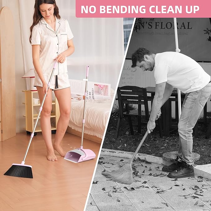 Broom and Dustpan Set, Broom Dustpan Combo Set for Home Commercial Cleaning Supplies Angle Broom with Long Handle Perfect for Courtyard Garage Street (Small-Pink)
