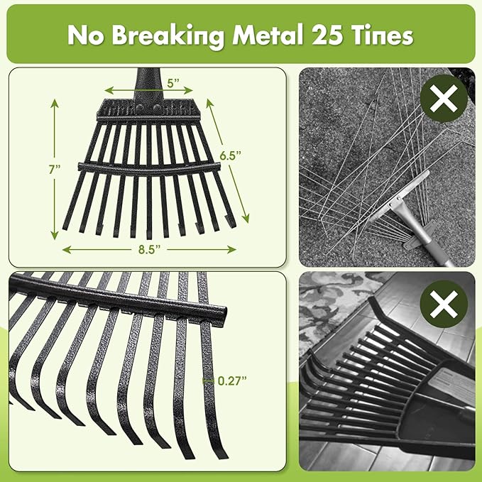 INFLATION Garden Rake for Leaves Sturdy Small Metal Yard Leaf Rakes for Lawns 78" Length 8.5 Inch Wide Adjustable 11 Tines for Women Men Kids Lightweight with Non-Slip Comfortable Smooth Long Handle