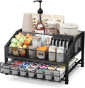 Homsorout Coffee Bar Organizer - Coffee Station for Countertop, Metal and Wood K Cup holder Storage Basket with Drawer for Syrup, Cups, Stirrer, Condiment, Tea Organizer, Black