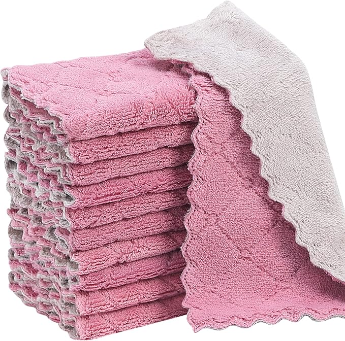 Rachan 11Pack Kitchen Dish Cloths, Reusable Dish Towels, Nonstick Oil Washable Fast Drying, Super Absorbent Coral Velvet Cleaning Cloths for Cleaning Tableware, Kitchen, Bathroom (Purple-grey10 x 6")