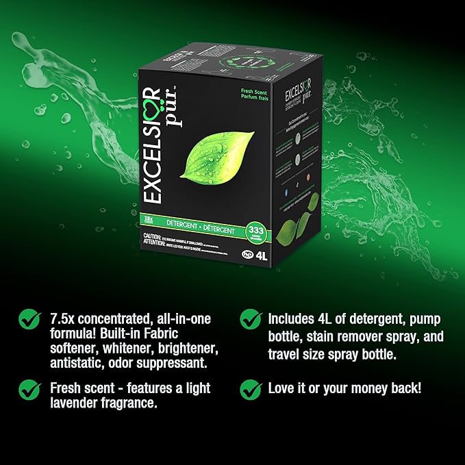 Excelsior Pür | 7.5x Ultra-Concentrated HE Liquid Laundry Detergent + Stain Remover Kit, 4L / 333 Loads, Fresh Scent, Eco-Dispenser Pump Bottle, Odor Control