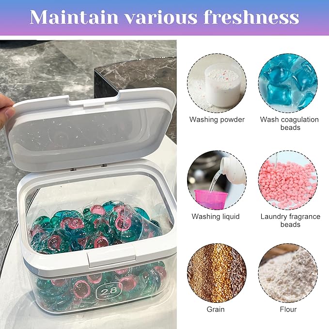 94oz/2.8L Laundry Pods Container for Room Organization Dishwasher Laundry Pod Holder with One-Press Lid and Scoop Large Capacity Holds 150 Pods Detergent Powder Container Sealed Dryer Sheet Holder