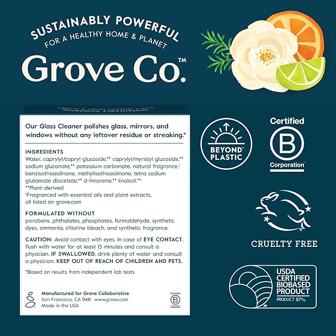Grove Co. Glass Cleaner, Refill Concentrate (6 x 1 Fl Oz) Streak Free, Plant-based Household Cleaning Supplies, No Plastic Waste, Orange & Rosemary Fragrance, 3 x 2 Pack Refills