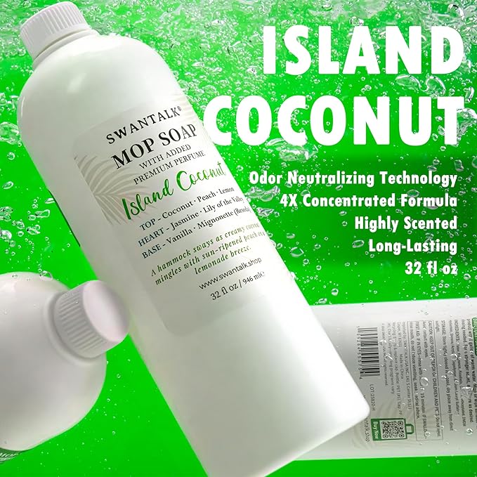 Mop Soap with Long Lasting Premium Perfume, 4X Concentrated Floor Cleaner, Multi Surface Solution for Hardwood, Tile, LVP, Laminate, Pet Friendly, 32 fl oz (Island Coconut)