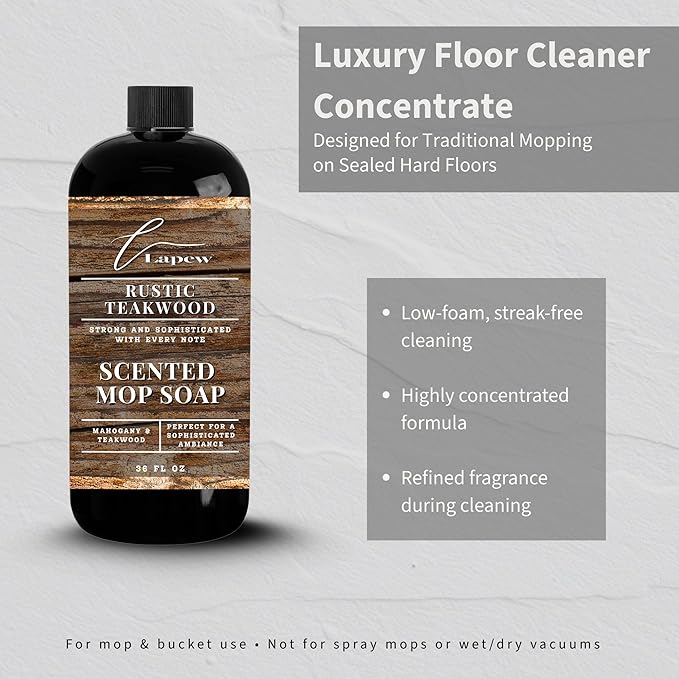 Lapew Rustic Teakwood Scented Mop Soap - Luxury Floor Cleaner Concentrate for Mopping Tile, Laminate, Vinyl & Hardwood | Streak-Free, Low-Foam | 36 oz